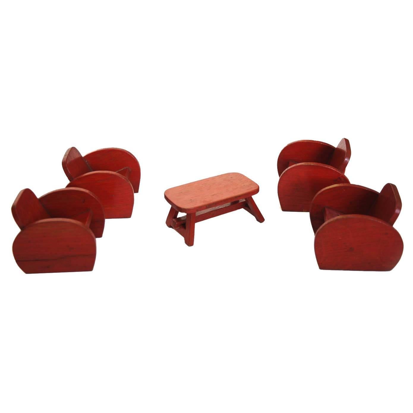 Dollhouse Furniture Set with Four Club Chairs and Coffee Table, Red Wood, 1960s For Sale