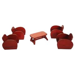 Vintage Dollhouse Furniture Set with Four Club Chairs and Coffee Table, Red Wood, 1960s
