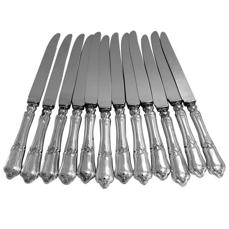 1895 Ravinet French Sterling Silver Dinner Knife Set New Stainless Steel Blades For Sale