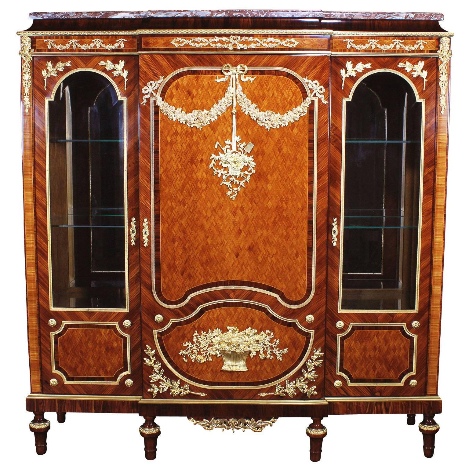 French 19th-20th Century Louis XVI Style Mahogany, Kingwood Parquetry Vitrine For Sale