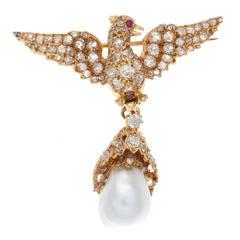 Victorian Pearl Ruby Diamond Gold Bird Brooch