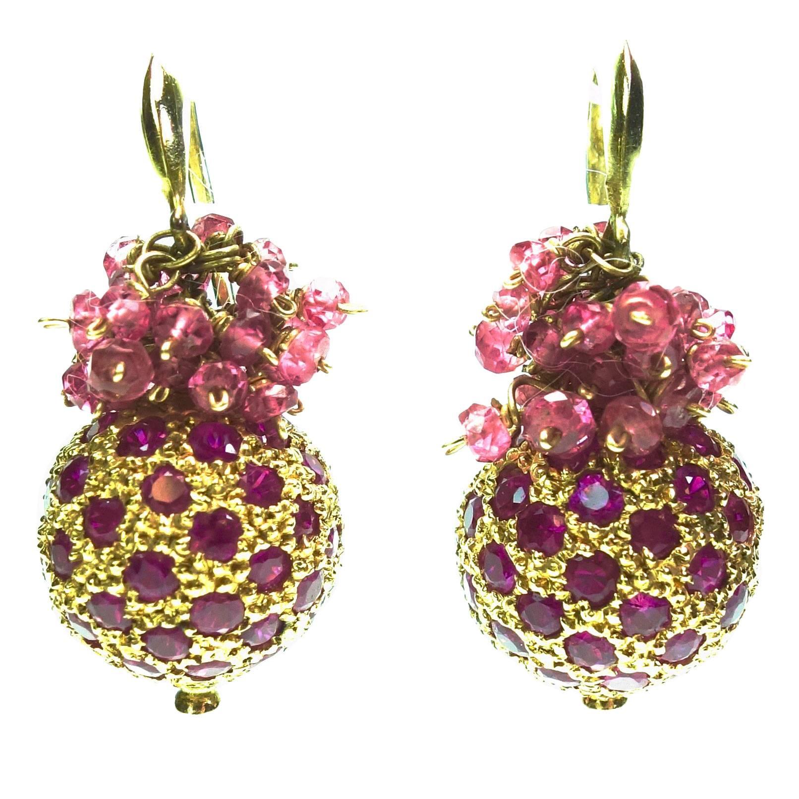 1980s Ruby Balls and Beads Gold Earrings For Sale