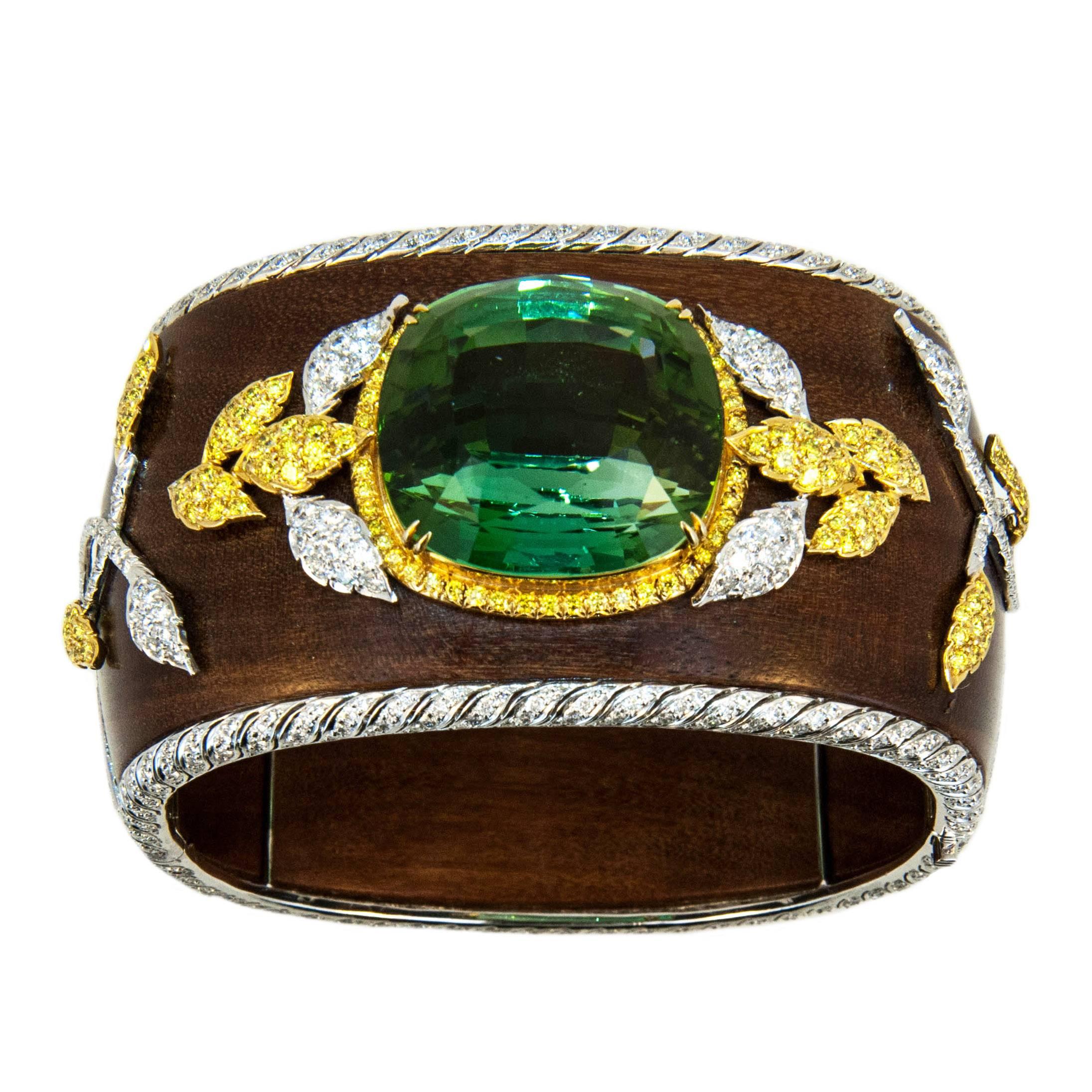 Laura Munder 76.21 Carat Green Tourmaline Wood Diamond Two-Color Gold Bracelet For Sale