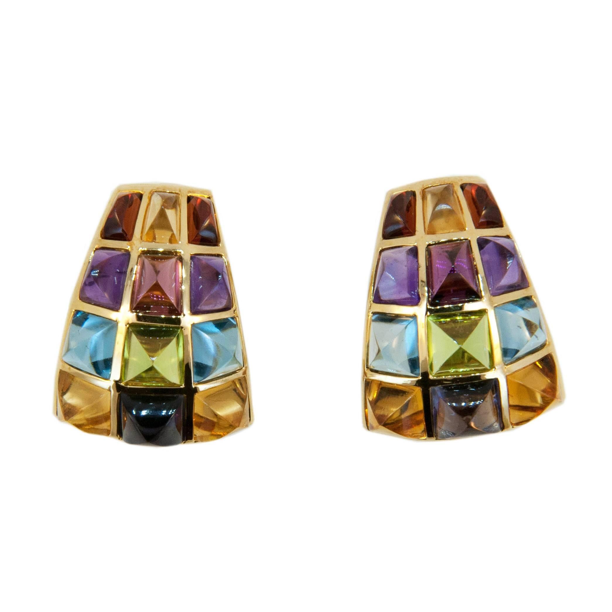 Laura Munder Multi-Colored Sugarloaf Cabochon Cut Gemstone Gold Earrings For Sale