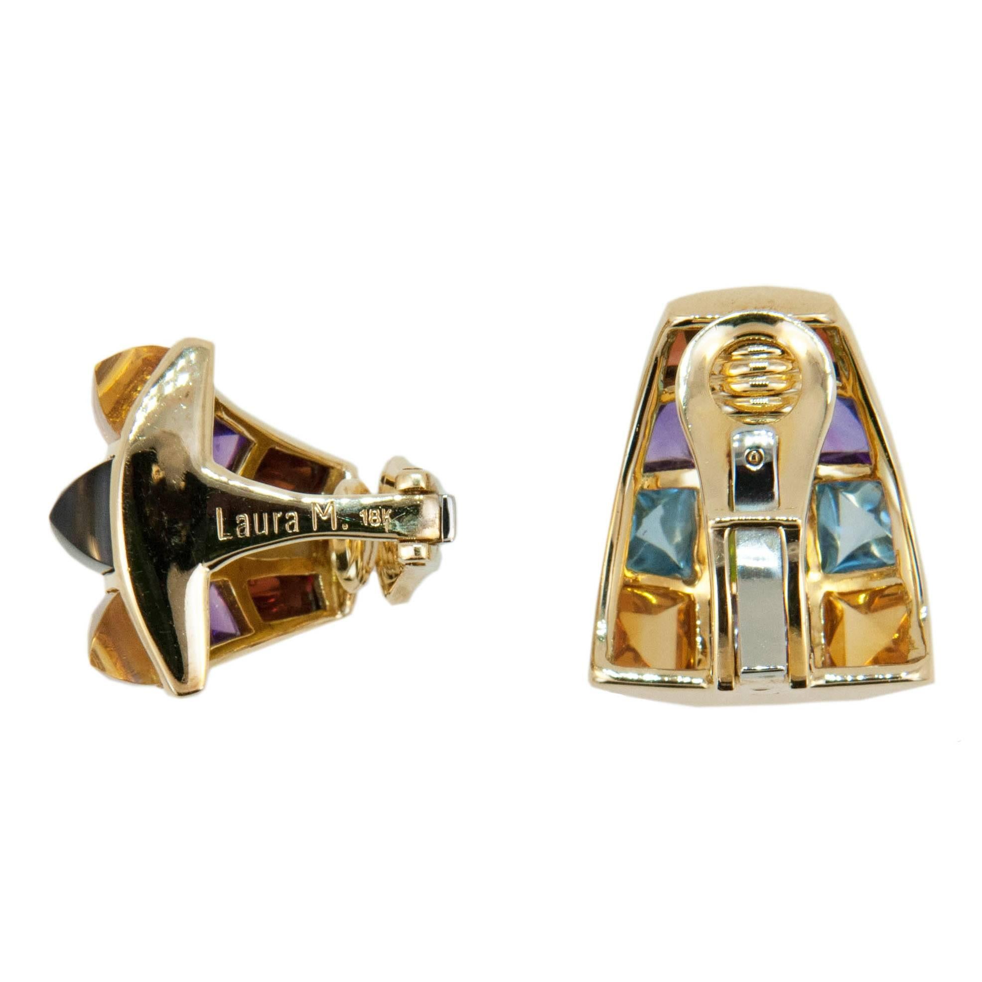 Classic Laura Munder clip on gemstone earrings created using fashion colors to coordinate with every outfit. 18K yellow gold earring set with sugarloaf cut peridot, iolite, citrine, blue topaz, amethyst, garnet, pink tourmaline. Omega clip backs
