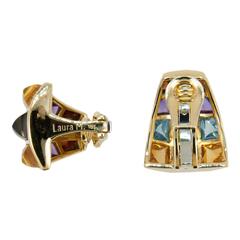 Laura Munder Multi-Colored Sugarloaf Cabochon Cut Gemstone Gold Earrings