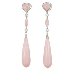 Laura Munder Dangle Pink Opal and Diamond White Gold Earrings