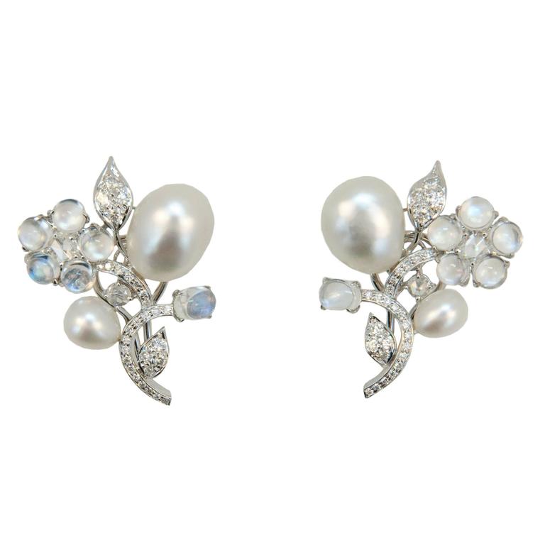 Laura Munder Keshi Pearl Moonstone Diamond White Gold Earrings For Sale