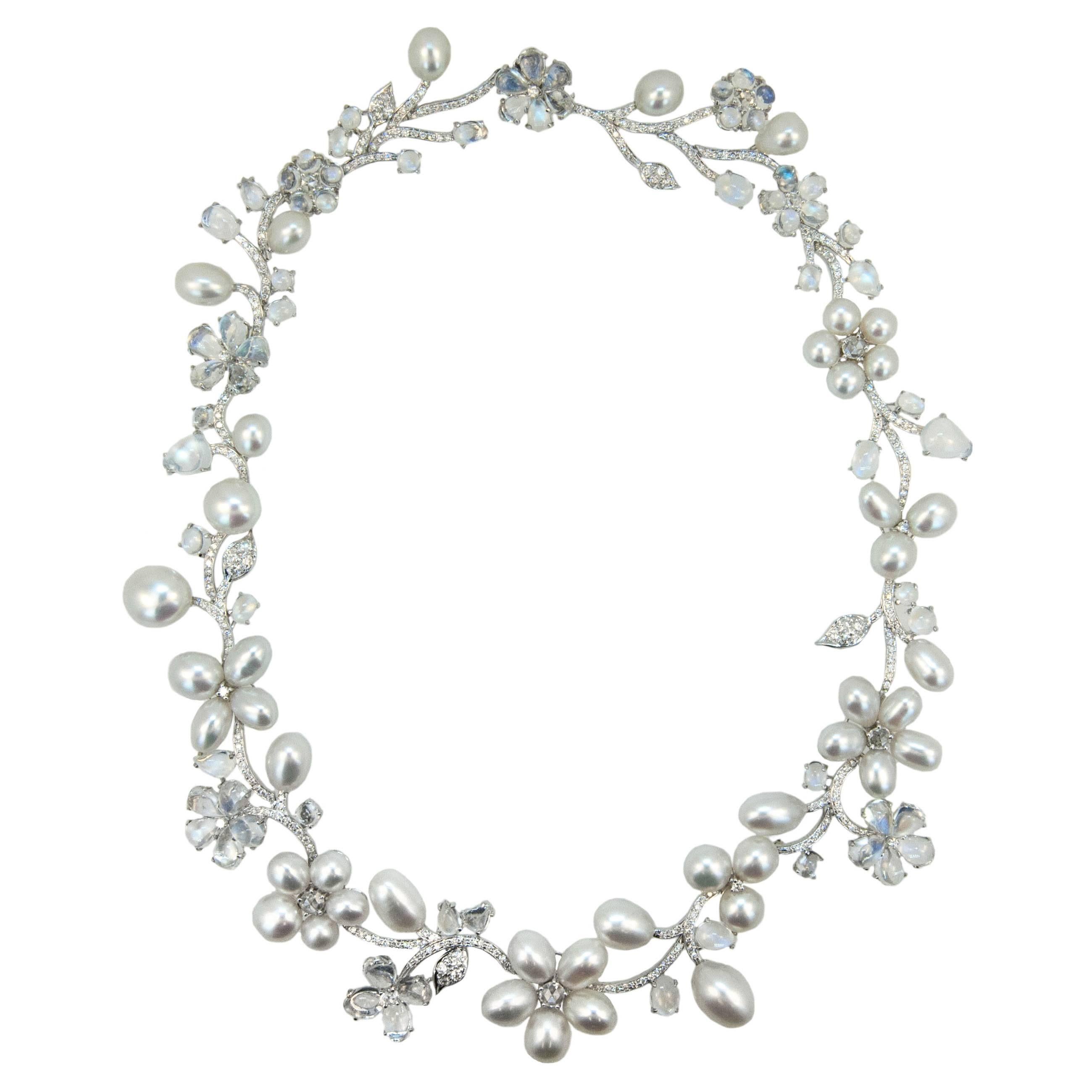 Laura Munder Keshi Pearl Moonstone and Diamond White Gold Necklace For Sale