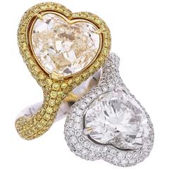 Fancy Light Yellow White Heart Shape Diamond Toi et Moi Gold Ring