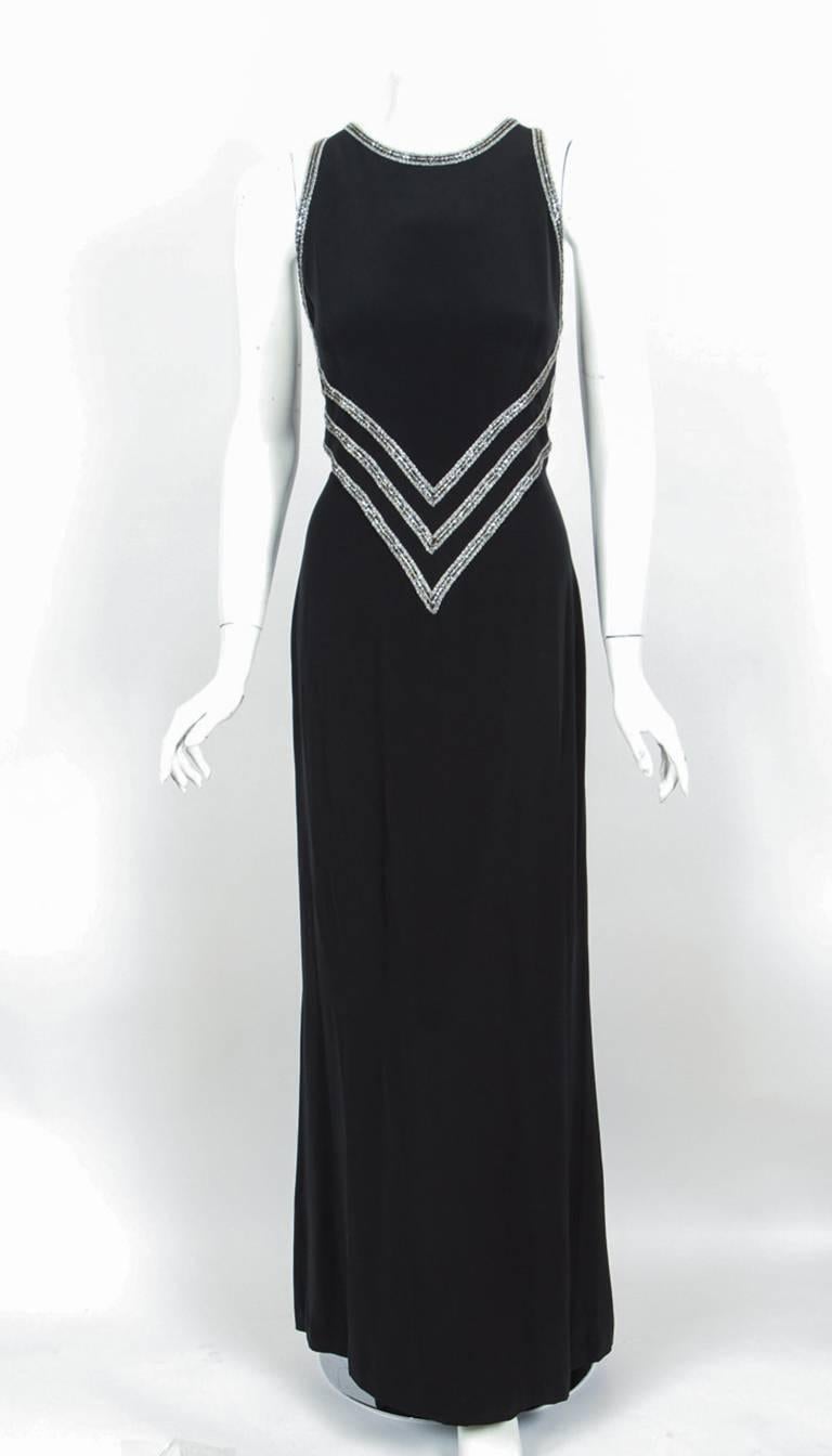 Bob Mackie Black Silk Trained Evening Gown Dress w/Open Back & Deco Beaded Trim 1