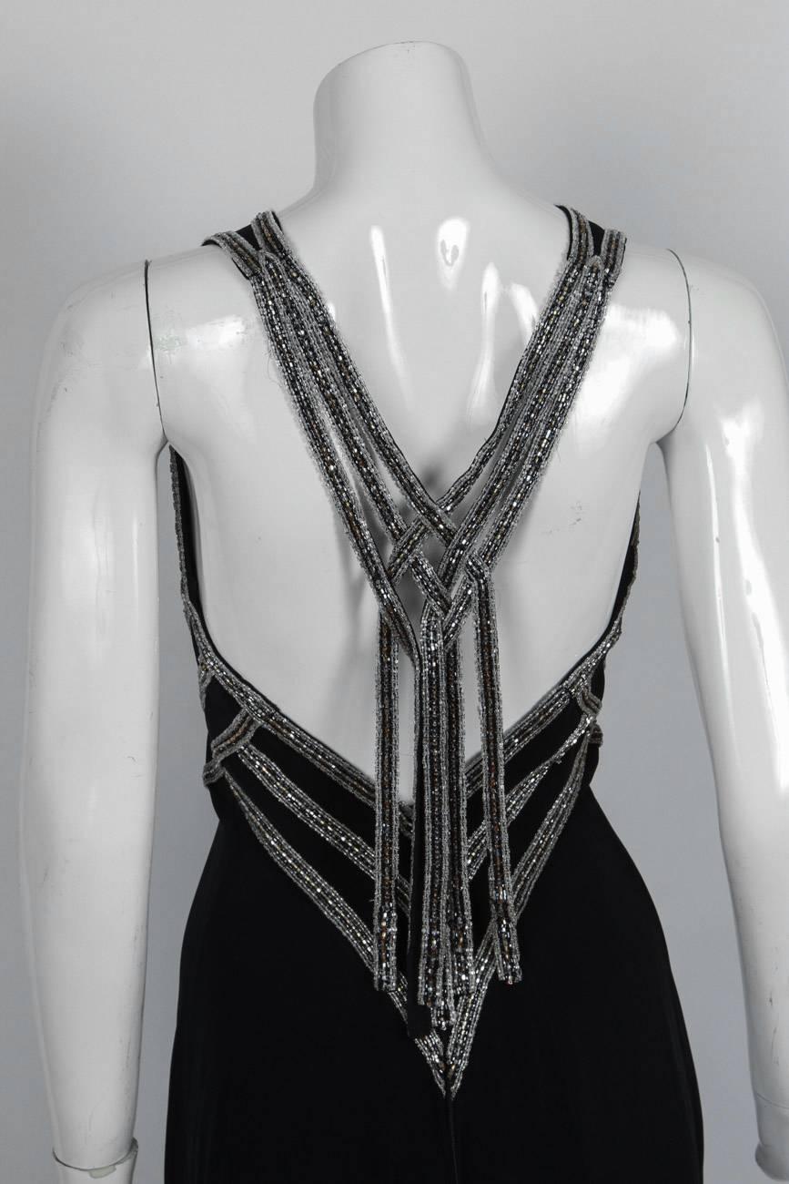 Bob Mackie Black Silk Trained Evening Gown Dress w/Open Back & Deco Beaded Trim In Good Condition In Studio City, CA