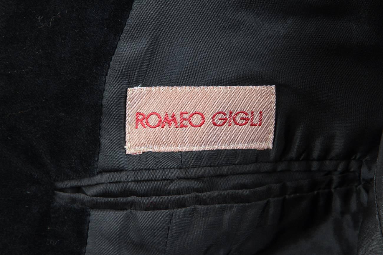 Women's Romeo Gigli Black Velvet Coat w/Nehru Collar &Oversized Mirrored Buttons ca.1989