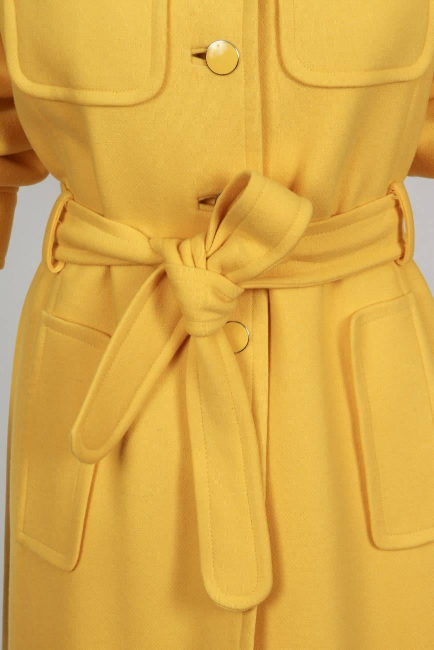 Brown 1970s Ungaro Yellow Wool Space Age Coat w/Belt & Oversized Yellow Enamel Buttons
