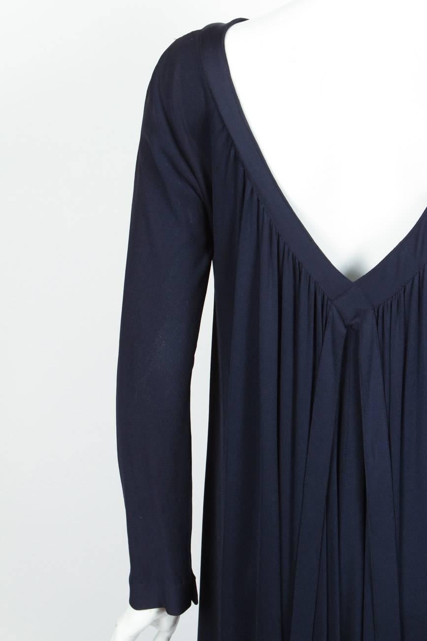 1970s Geoffrey Beene Midnight Blue Silk Jersey Dress w/Waist Ties & Deep V-Neck 2
