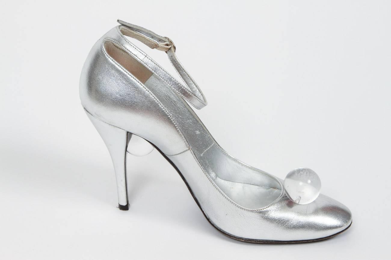 Beige Charles Jourdan Silver Leather High Heels w/Lucite Ball Detail at Toe & Heel