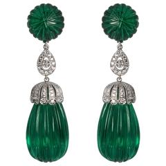 Magnificent Maharajah Jewel Collection Carved Faux Emerald Bead Diamond Earring
