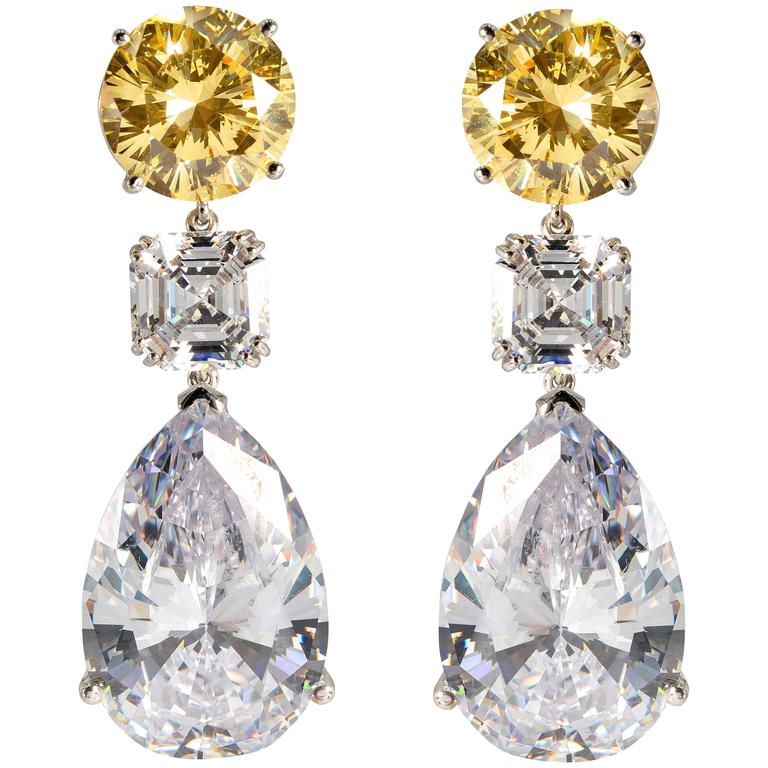 Stunning Large Faux Canary Yellow White Diamond Drop Earrings For Sale at  1stDibs | faux diamond drop earrings, large diamond drop earrings
