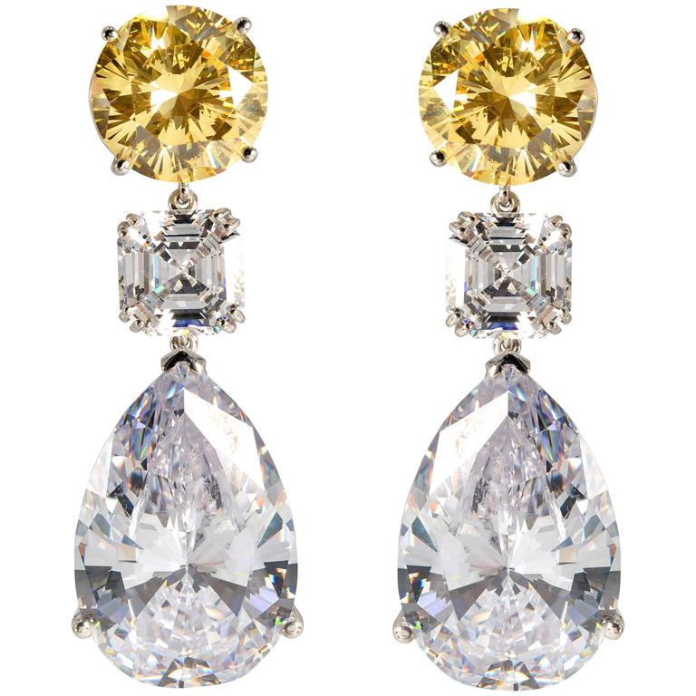 Stunning Large Faux Canary Yellow White Diamond Drop Earrings For Sale