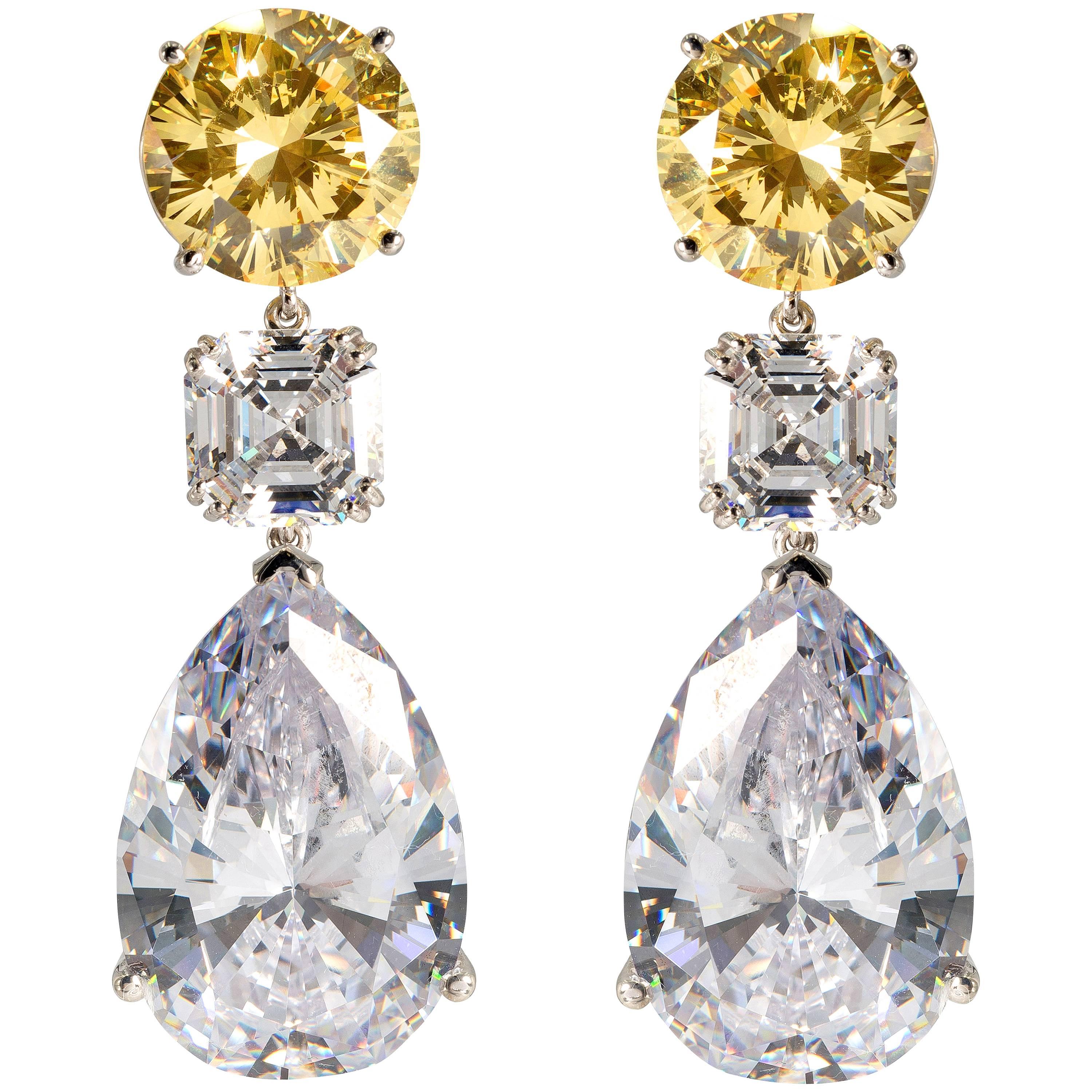 Stunning Large Faux Canary Yellow White Diamond Drop Earrings