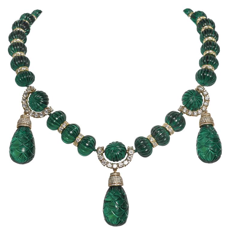 Magnificent Maharajah Jewel Collection Carved Faux Emerald Diamond