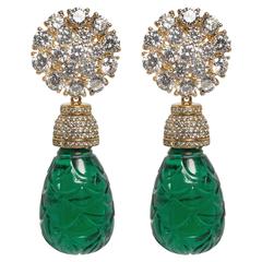 Maharajah Jewel Collection Carved Faux Emerald Bead Diamond Earrings 12