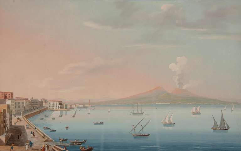 Paire de pièces napolitaines italiennes  Vues à la gouache, milieu du XIXe siècle en vente 2