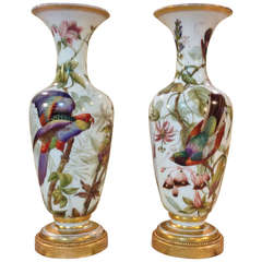 Exceptional Pair of Baccarat White Opaline Glass Enamel Painted Vases