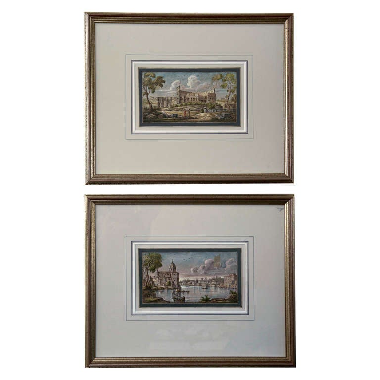 Pair of late 19th century Italian water colors and black ink on paper views of Rome. The first one a view of the 