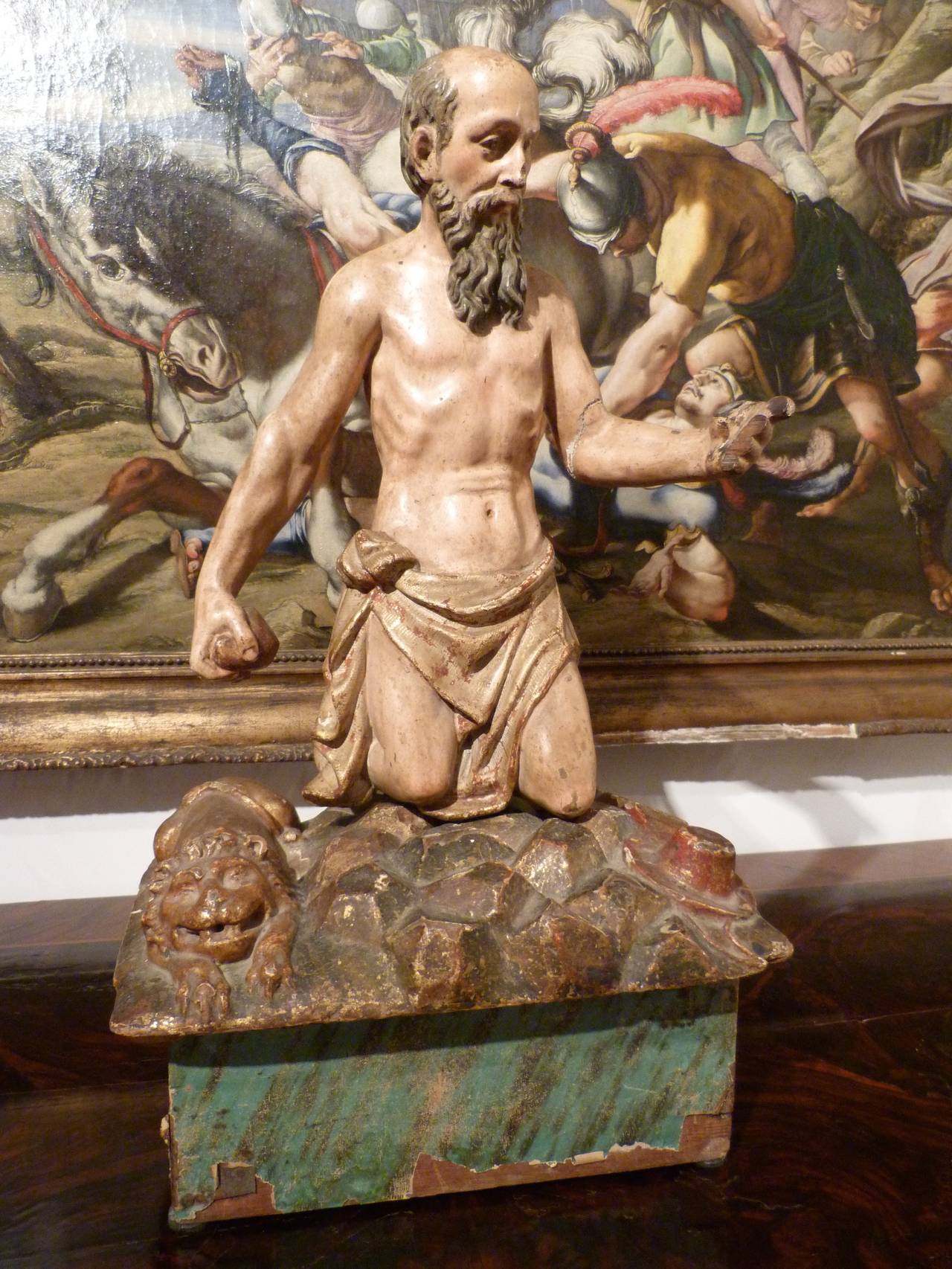 A late 17th-century Spanish wood sculpture of a penitent Saint Jerome, possibly Seville, circa 1680.