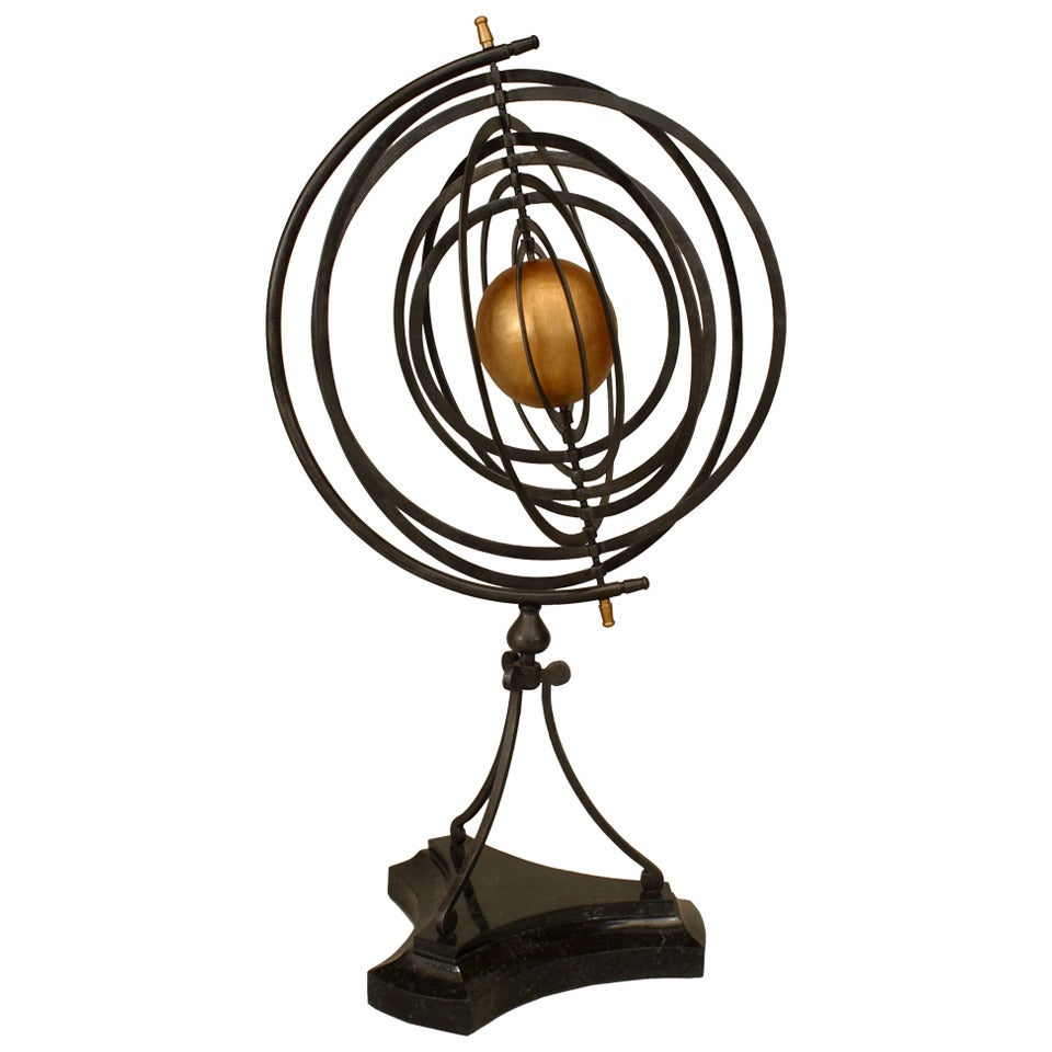 20th c. Iron Armillary Sphere with Marble Base