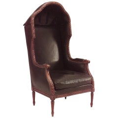 Antique French Louis XVI Walnut Hooded Leather Chair