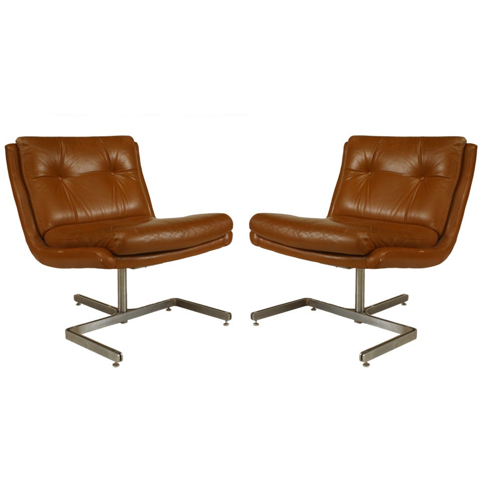 Pair of French Post-War Brown Leather Side Chairs For Sale