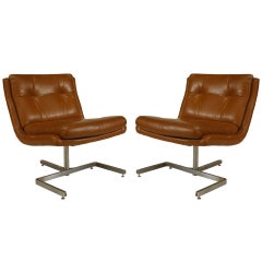 Pair of French Post-War Brown Leather Side Chairs