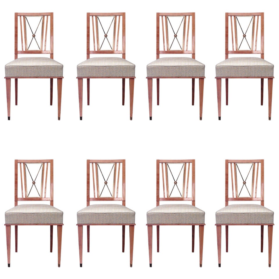 Set of 8 French Mid-Century Jacques Adnet Maple and Silk Side Chairs For Sale 4