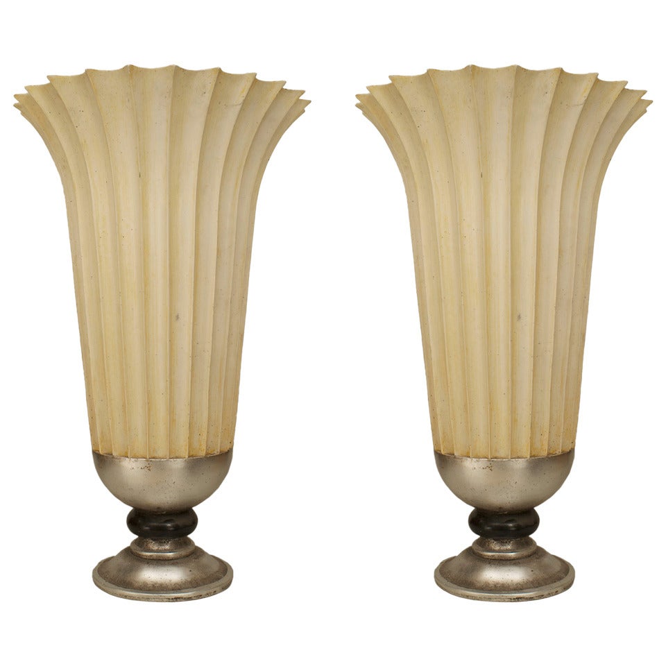 Pair of Large Mid-Century Fluted Urns with Silver Bases