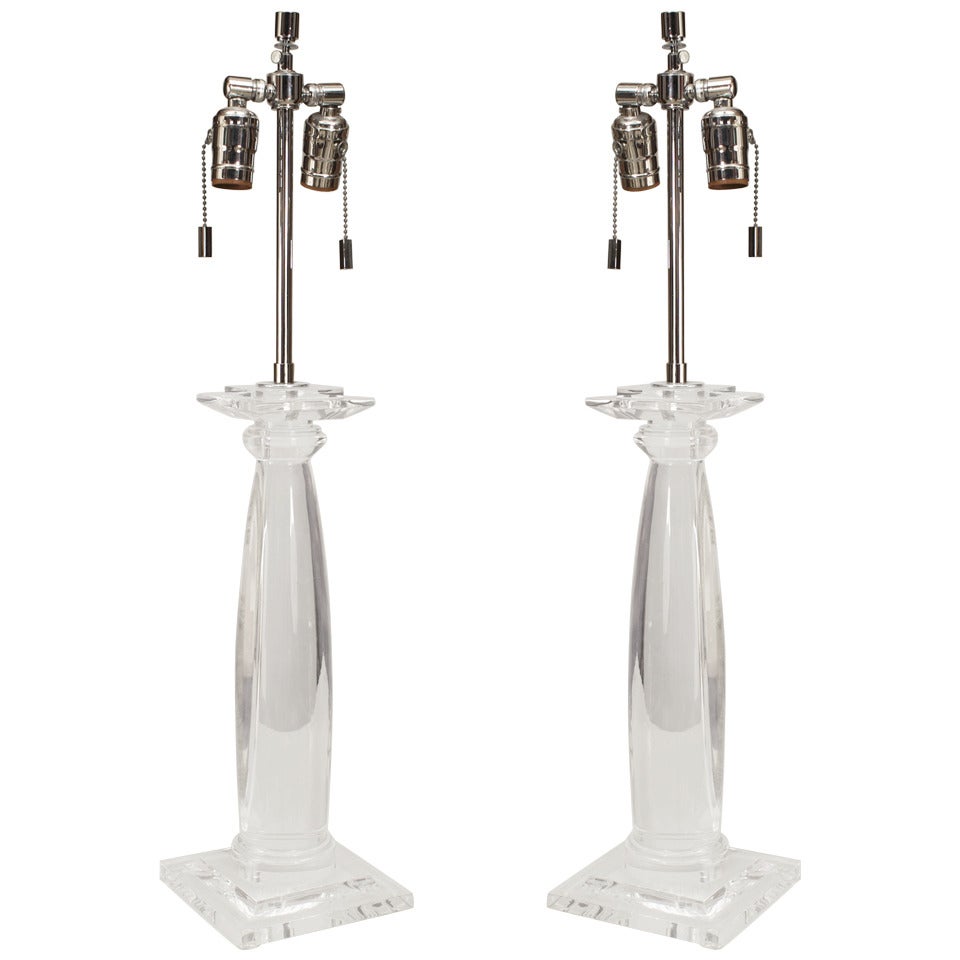 Pair of Mid-Century Springer Lucite Column Table Lamps For Sale