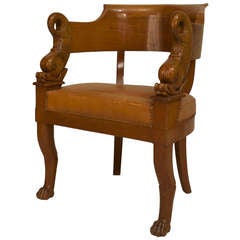 Antique French Charles X Dolphin Carved Armchair with Leather Seat