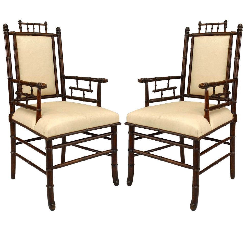 Pair of French Victorian Faux Bamboo Upholstered Walnut Armchairs For Sale