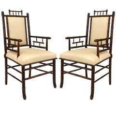 Pair of French Victorian Faux Bamboo Upholstered Walnut Armchairs