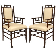 Antique Pair of French Victorian Faux Bamboo Upholstered Walnut Armchairs