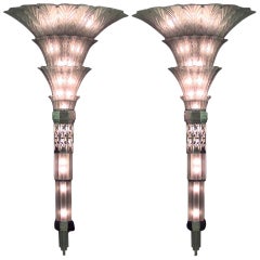 Pair of Sabino French Art Deco Monumental Flared Glass Sconces