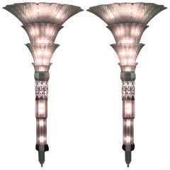 Vintage Pair of Sabino French Art Deco Monumental Flared Glass Sconces