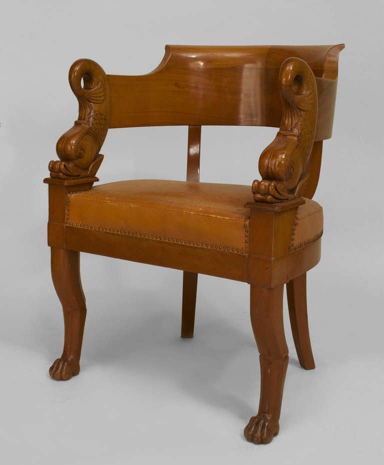 French Charles X Dolphin Carved Armchair with Leather Seat