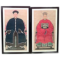 Pair of 19th c. Chinese Watercolor Ancestor Portraits