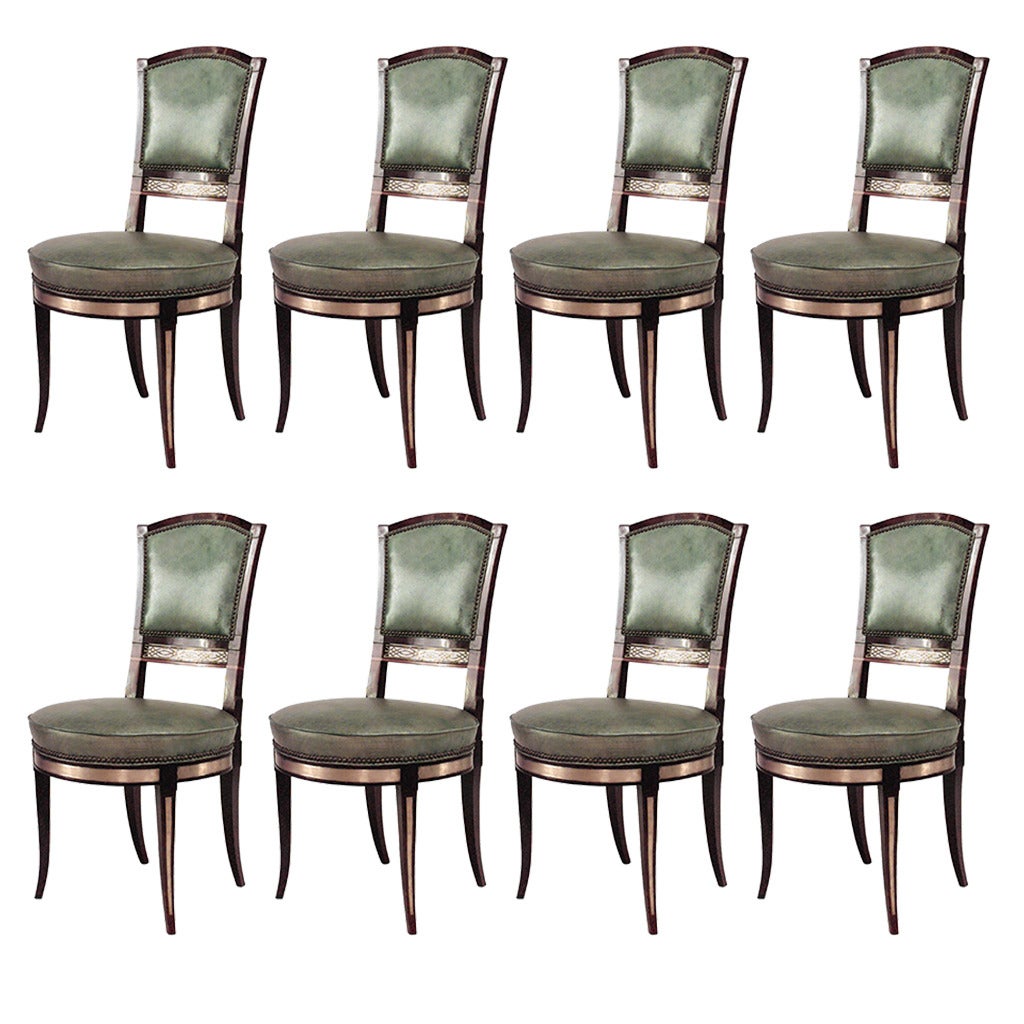 Set of 8 Russian Neo-Classic Mahogany Green Chairs