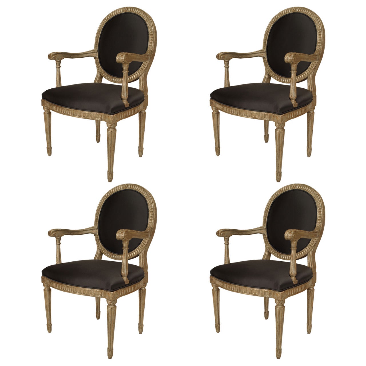 Set of 4 Italian Neo-Classic Silver Gilt Arm Chairs