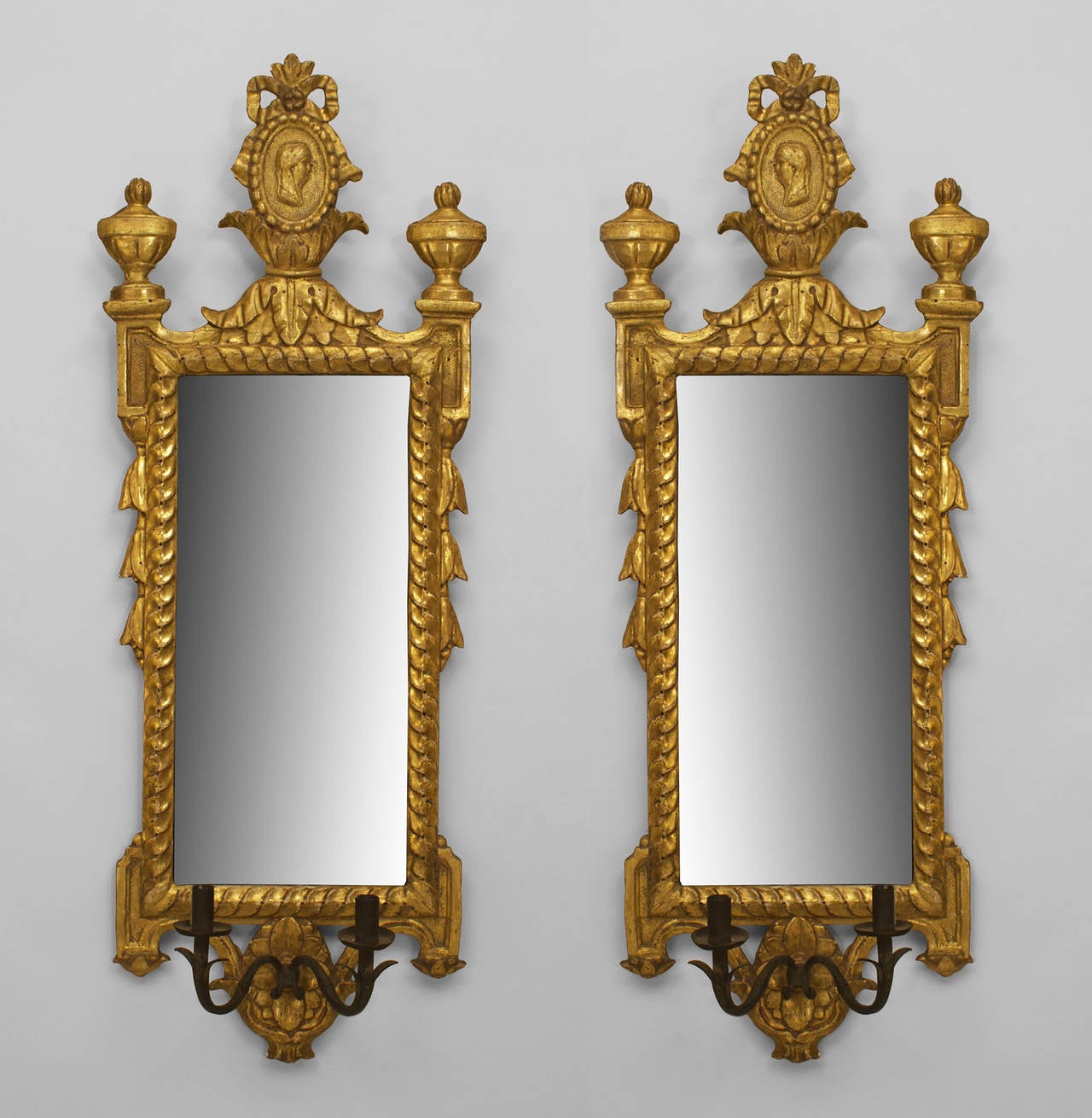 A Nicely Carved Pair of Italian Neoclassic Gilt Wood Vertical Mirrors Sconces For Sale at 1stdibs