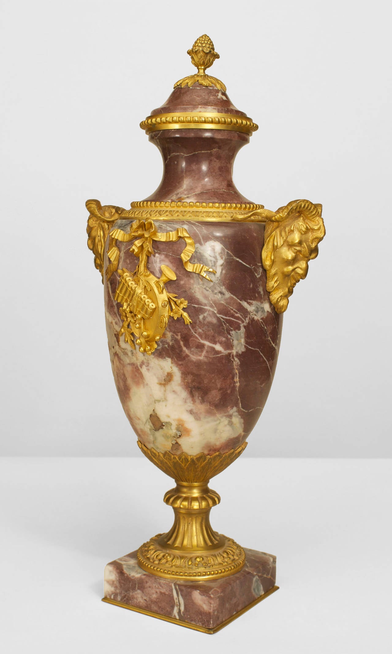 Gilt Pair of French Victorian Neoclassical Levanto Marble Urns For Sale