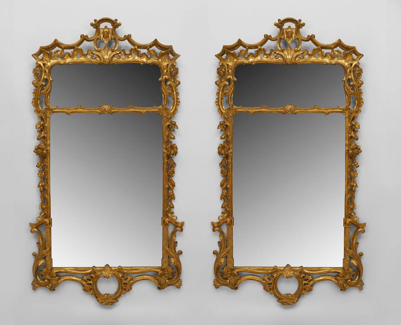 Beautiful Pair of English George III Gilt Mirrors with Pediment Tops